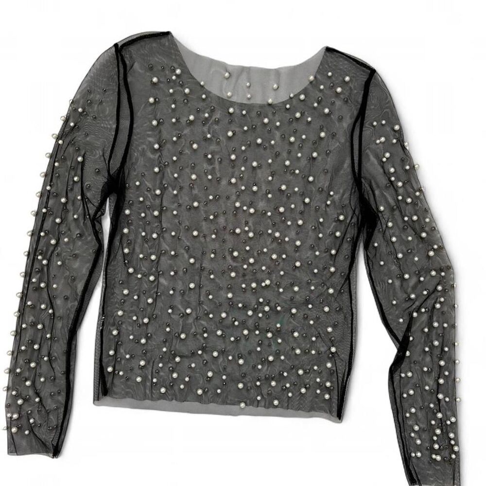 Black Sheer Long Sleeve Top with Pearl Detail Size Small - Picture 5 of 7